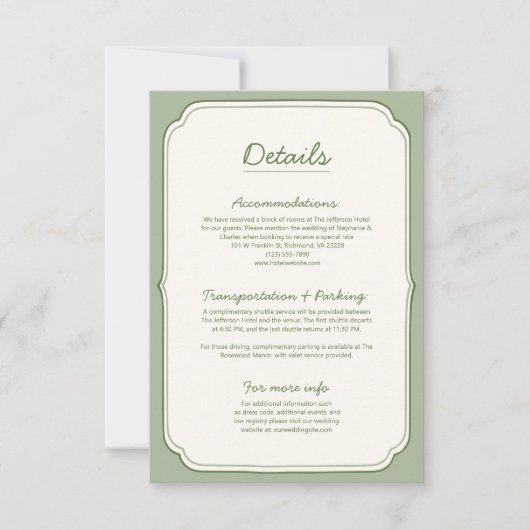 Elegant Sage Green Wedding Details Card (Vorderseite)