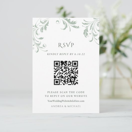 Elegant Sage Green Wedding QR Code Online-Antwort RSVP Karte (Stehend Vorderseite)