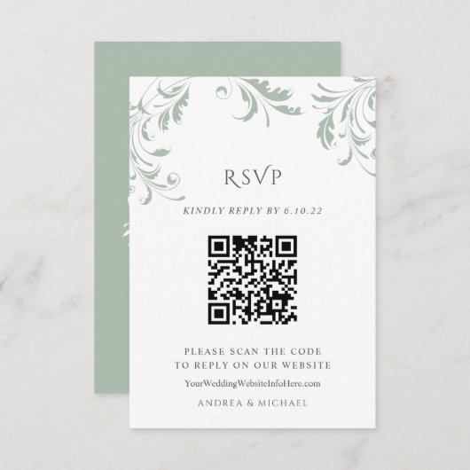 Elegant Sage Green Wedding QR Code Online-Antwort RSVP Karte (Vorne/Hinten)