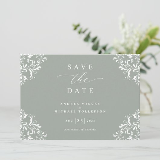 Elegant Sage Green Wedding Save the Date Cards (Stehend Vorderseite)
