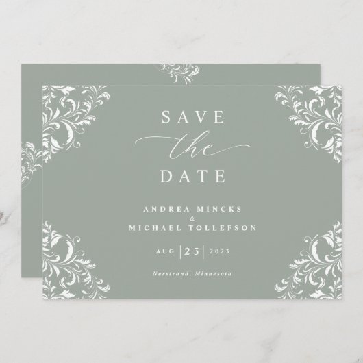 Elegant Sage Green Wedding Save the Date Cards (Vorne/Hinten)