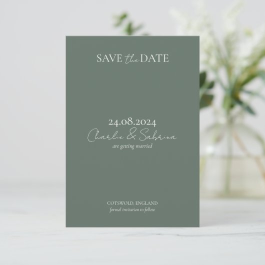 Elegant Sage Green Wedding Save the Date Cards (Stehend Vorderseite)