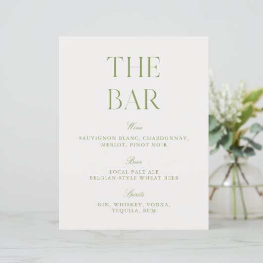Elegant Sage Green & White 8.5x11 Wedding Bar Sign (Stehend Vorderseite)