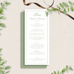 Elegant Sage Green & White Border Script Wedding Menükarte<br><div class="desc">This classic wedding menu features a soft sage green and white color palette with an elegant border and timeless script typography. Designed with a refined front-and-back layout, the front showcases your curated menu while the coordinating back adds a polished, finished look to each card. Perfect for formal, garden, and classic...</div>