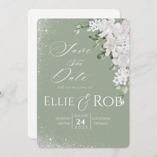 Elegant Sage Green White Floral Save The Date (Vorne/Hinten)