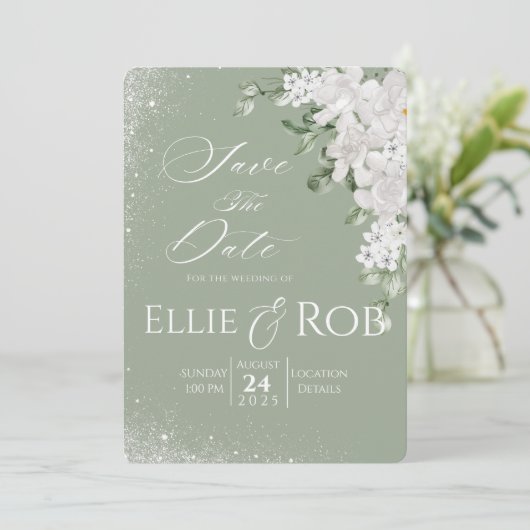 Elegant Sage Green White Floral Save The Date (Stehend Vorderseite)