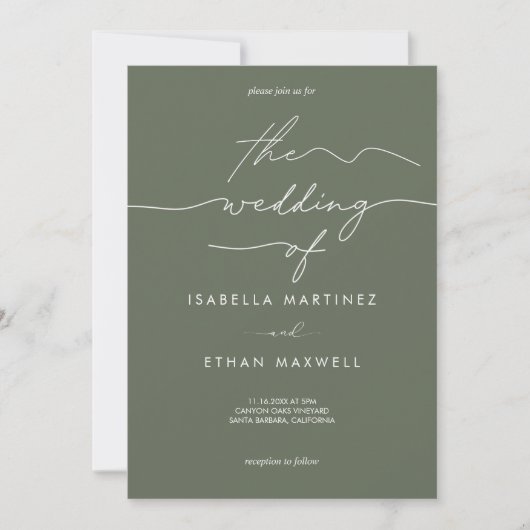 Elegant Sage Green & White Modern Script Wedding Einladung (Vorderseite)