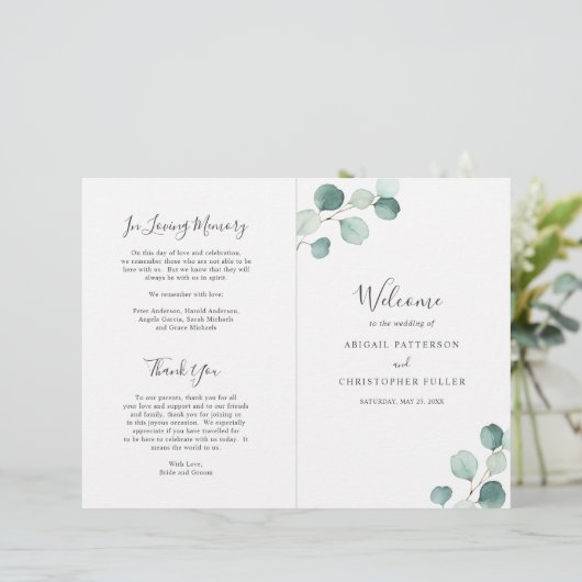 Elegant Sage Greenery Eucalyptus Wedding Program (Stehend Vorderseite)