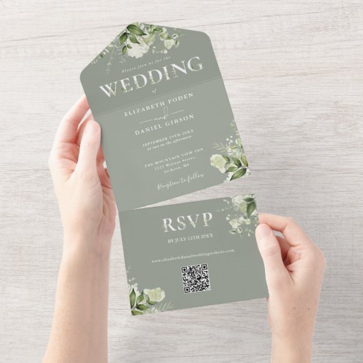 Elegant Sage Greenery Floral QR Code Wedding All In One Einladung (Abreißen)
