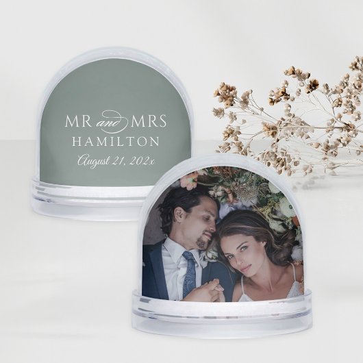 Elegant Sage Mr and Mrs Wedding Photo Schneekugeln