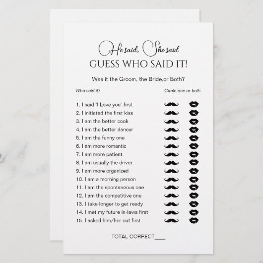 Elegant sagte er, sie sagte Brautparty-Spiel (Vorne/Hinten)