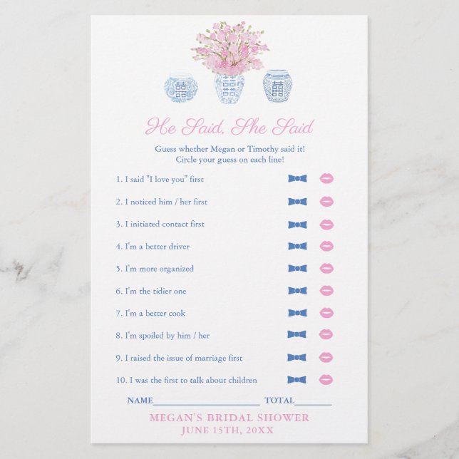 Elegant sagte er, sie sagte Polterabend-Spielkarte (Vorderseite)