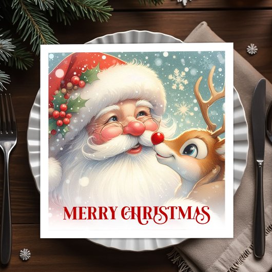 Elegant Santa and Rudolph Christmas Dinner Party Serviette