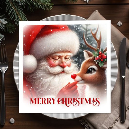 Elegant Santa and Rudolph Christmas Party Dinner Serviette