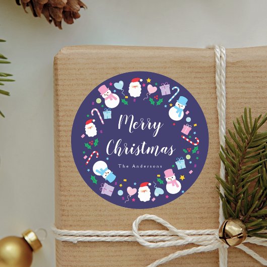 Elegant Santa Snowman Candy Cane Weihnachtsfeierta Runder Aufkleber