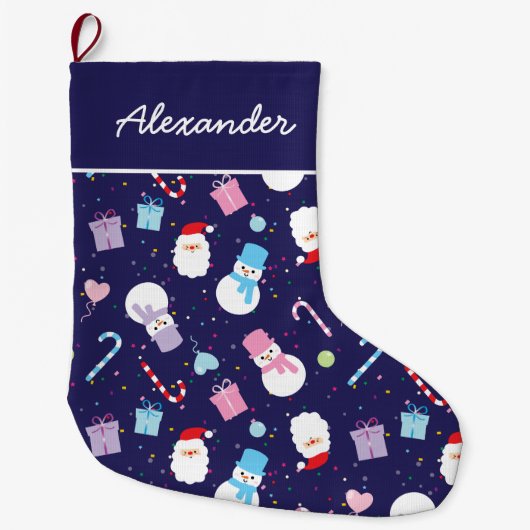 Elegant Santa Snowman Candy Cane Weihnachtsmuster Großer Weihnachtsstrumpf (Vorderseite)