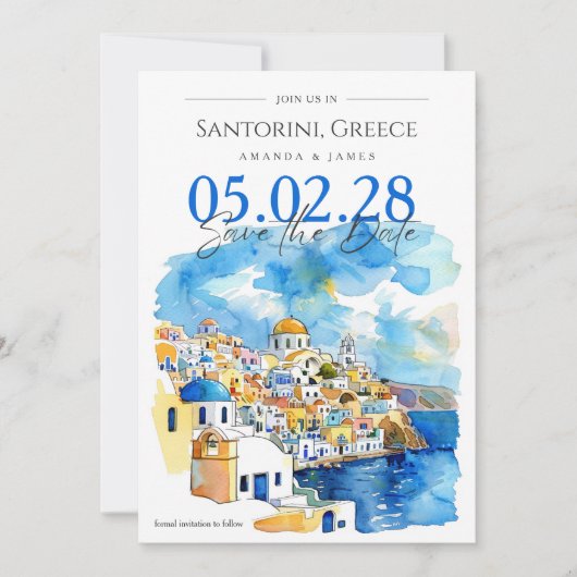 Elegant Santorini WasserfarbenWedding Save the Dat Einladung (Vorderseite)