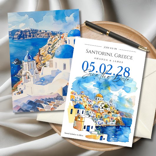 Elegant Santorini WasserfarbenWedding Save the Dat Einladung
