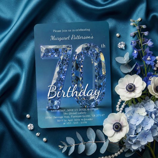 Elegant Sapphire Blue Diamond 70th Birthday Einladung