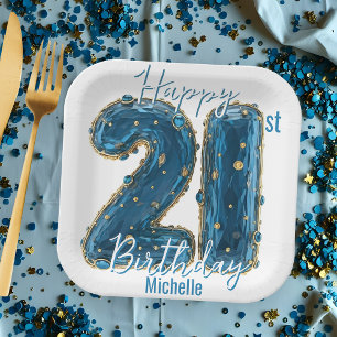 Elegant Sapphire Blue & Gold 21. Geburtstag Pappteller