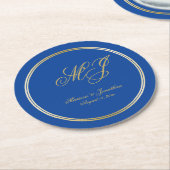 Elegant Sapphire Blue Gold Monogram Script Wedding Runder Pappuntersetzer (Angewinkelt)