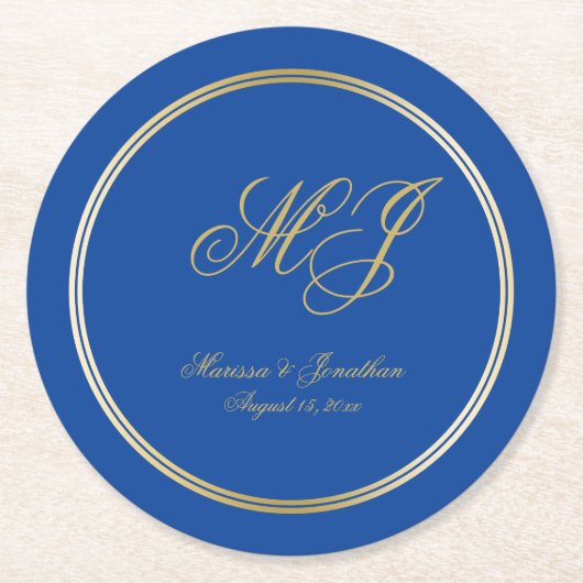 Elegant Sapphire Blue Gold Monogram Script Wedding Runder Pappuntersetzer (Vorderseite)