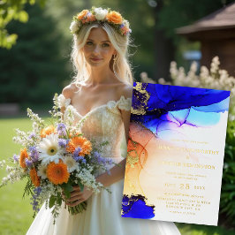 Elegant Sapphire Blue Orange Wedding Gold Folieneinladung
