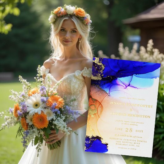 Elegant Sapphire Blue Orange Wedding Gold Folieneinladung