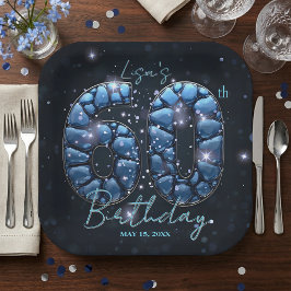 Elegant Sapphire Blue Stone Mosaic 60th Birthday Pappteller