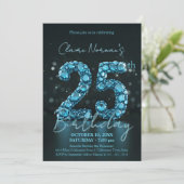 Elegant Sapphire Blue und Black 25. Geburtstag Einladung (Stehend Vorderseite)