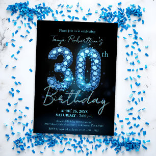 Elegant Sapphire Blue und Black 30. Geburtstag Einladung