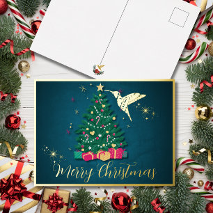 Elegant Sapphire Hummingbird & Christmas Tree Folien Feiertagspostkarte