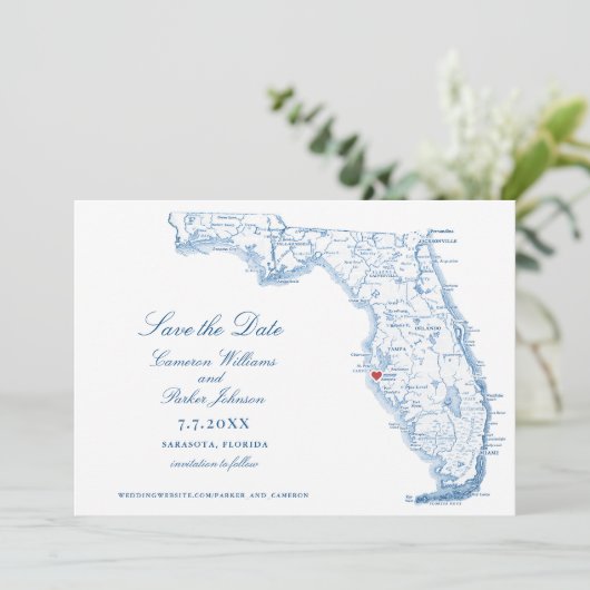 Elegant Sarasota Florida Wedding Navy Karte (Stehend Vorderseite)