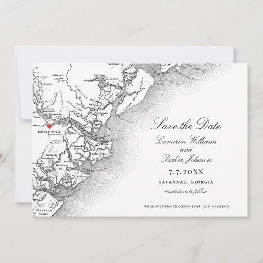 Elegant Savannah Georgia Wedding Schwarz-weiß Map Save The Date (Vorderseite)