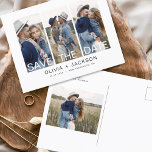 Elegant Save the Date 4 Foto White Letter Ankündigungspostkarte<br><div class="desc">Modernes und elegantes Foto Save the Date Hochzeitskarte. Die Save the Date einladende Einladungskarte beinhaltet weiße Typografie,  schick und schlichtes Design auf weißem Hintergrund,  mit dem Sie Ihre individuelle Verlobung Fotografie hinzufügen können.</div>
