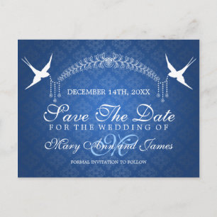 Elegant Save the Date Birds Monogram Blue Ankündigungspostkarte