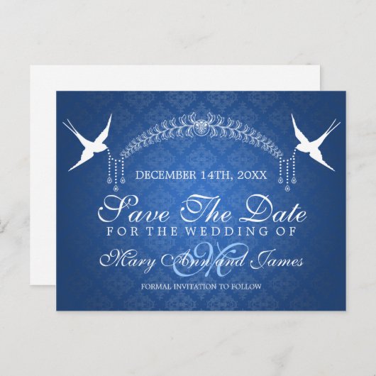 Elegant Save the Date Birds Monogram Blue Ankündigungspostkarte (Vorne/Hinten)