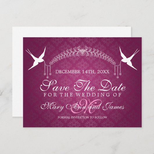 Elegant Save the Date Birds Monogram Pink Postkarte (Vorne/Hinten)