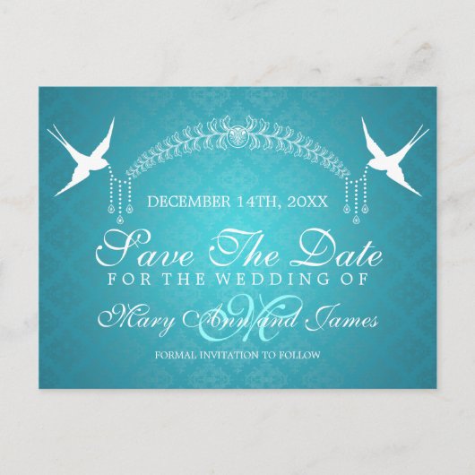 Elegant Save the Date Birds Monogram Türkis Ankündigungspostkarte (Vorderseite)