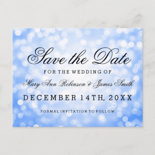 Elegant Save the Date Blue Glitzer Lights Ankündigungspostkarte (Vorderseite)