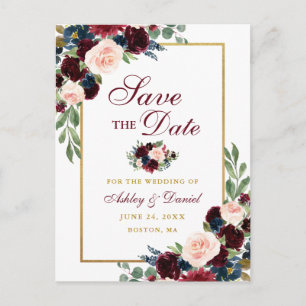 Elegant Save the Date Burgundy Blue Floral Gold Ankündigungspostkarte