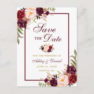 Elegant Save the Date Burgundy Floral Gold Ankündigungspostkarte