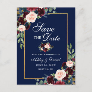 Elegant Save the Date Burgundy Floral Gold Blue Ankündigungspostkarte