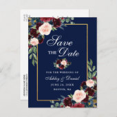 Elegant Save the Date Burgundy Floral Gold Blue Ankündigungspostkarte (Vorne/Hinten)