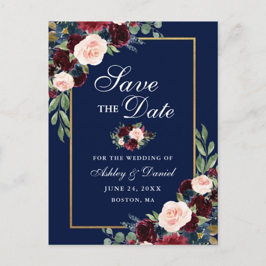 Elegant Save the Date Burgundy Floral Gold Blue Ankündigungspostkarte (Vorderseite)