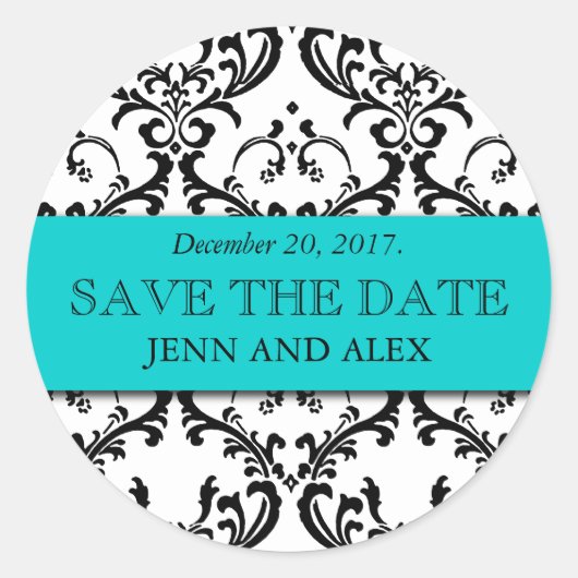 Elegant Save the Date Damask Stickers Aqua Blue (Vorderseite)