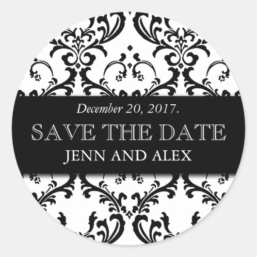 Elegant Save the Date Damask Stickers Black (Vorderseite)