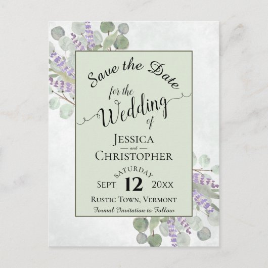 Elegant Save the Date Eucalyptus & Lavender Green Ankündigungspostkarte (Vorderseite)