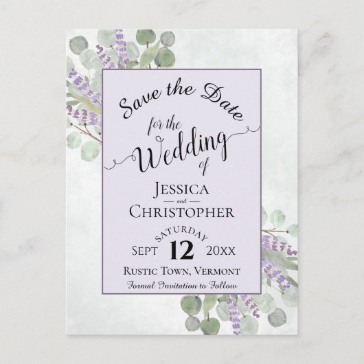 Elegant Save the Date Eucalyptus & Lavender Lila Ankündigungspostkarte (Vorderseite)