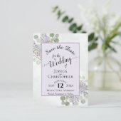 Elegant Save the Date Eucalyptus & Lavender Lila Ankündigungspostkarte (Stehend Vorderseite)